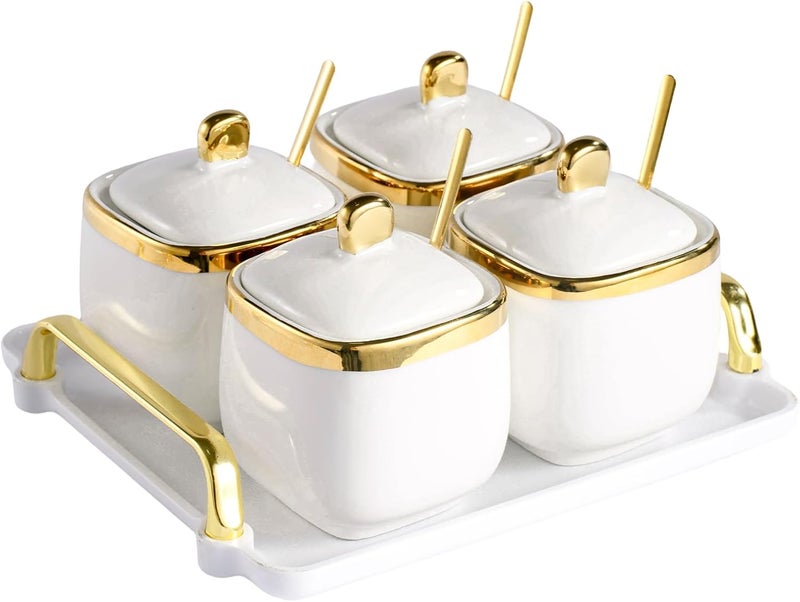 EABOSON 4 Pack Gold Condiment Spice Jars with Lids, Spoons, Tray - Ceramic Seasoning Box Set for Salt, Pepper, Sugar - Kitchen Storage - Image 1